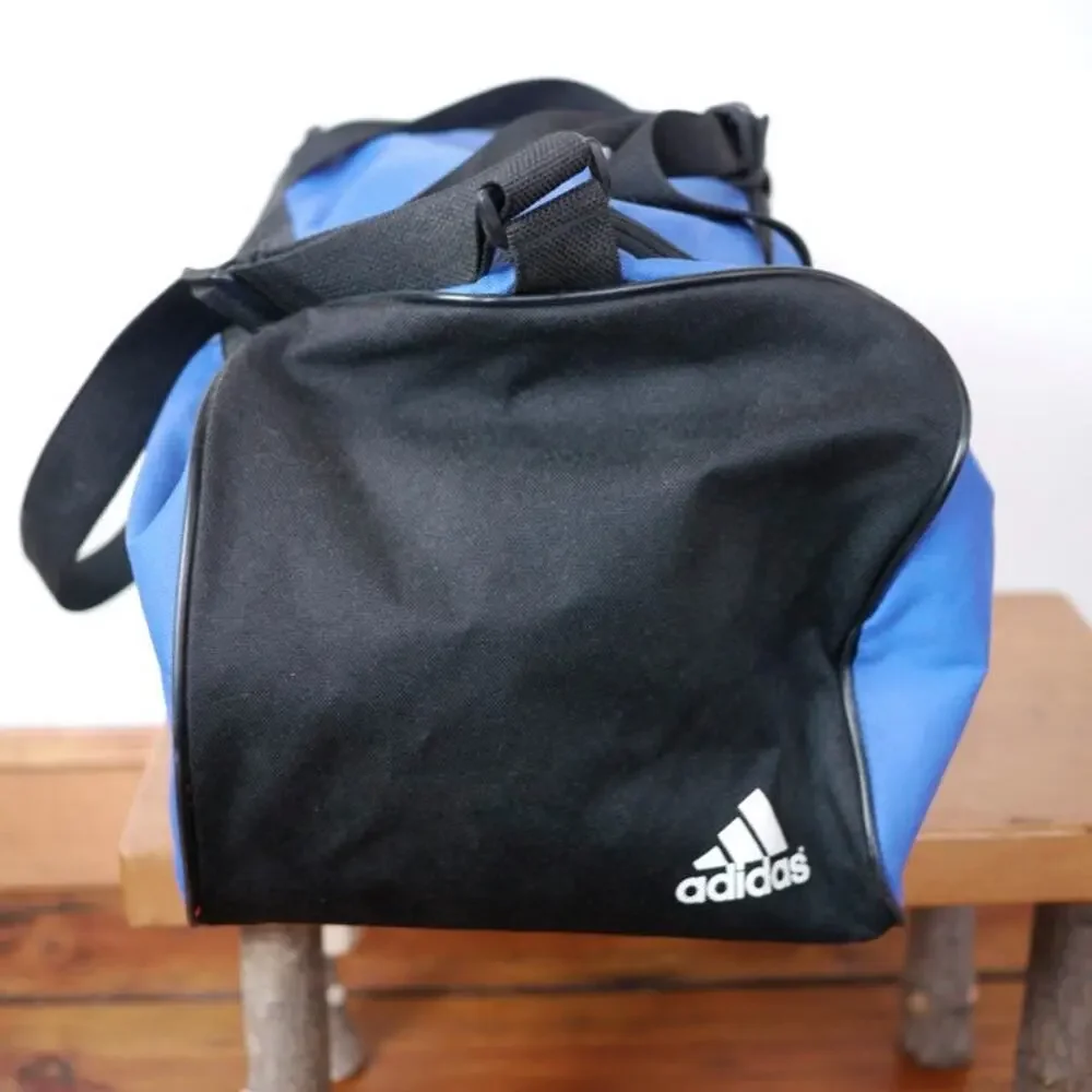 ADIDAS Black White Blue Duffle Travel Sports Gym Carry On Shoulder Bag 18x10x10